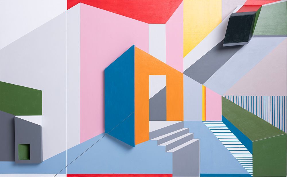 Abstracte architectonische kunst in geometrische vormen en heldere kleuren.