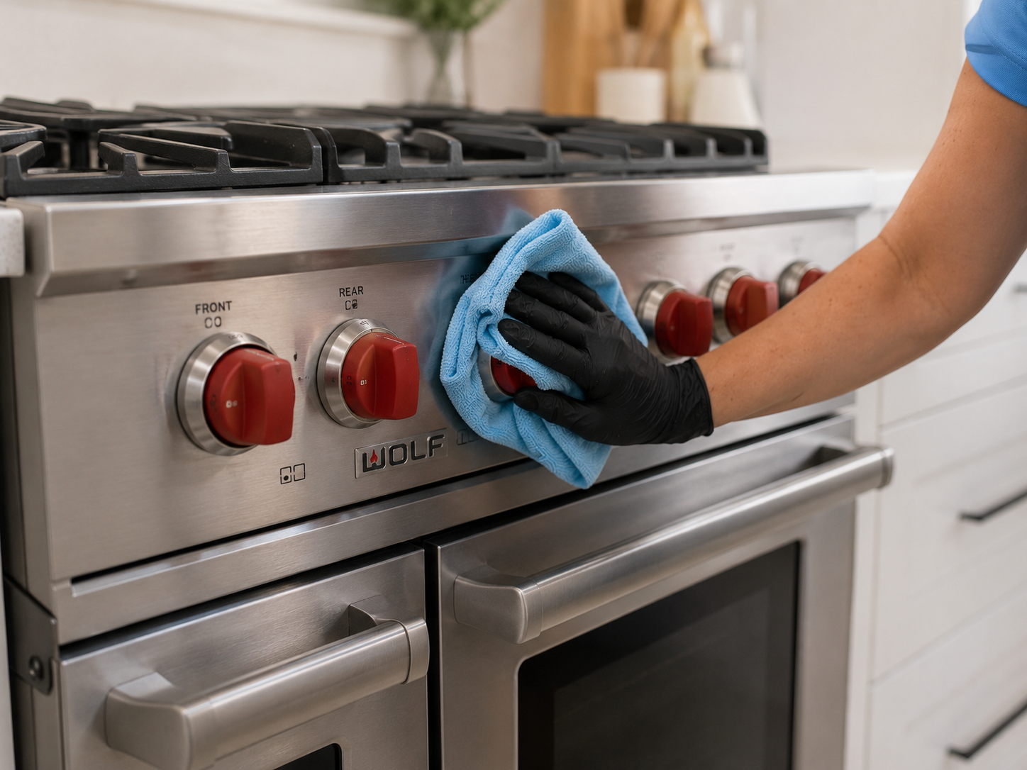 Yellow-gloved hands cleaning a stainless steel oven with a blue cloth