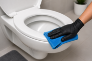 Yellow-gloved hand scrubbing a white toilet seat with a sponge