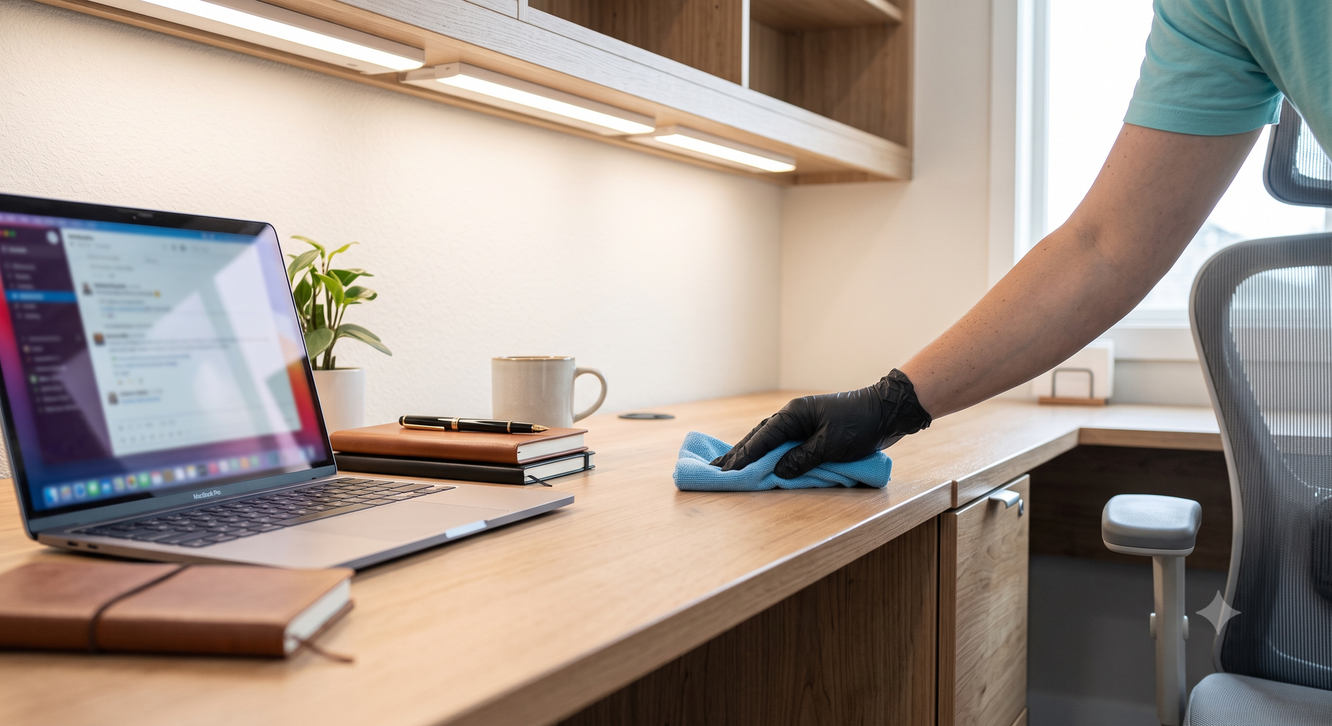 Person in yellow gloves wiping a glass table in a modern office