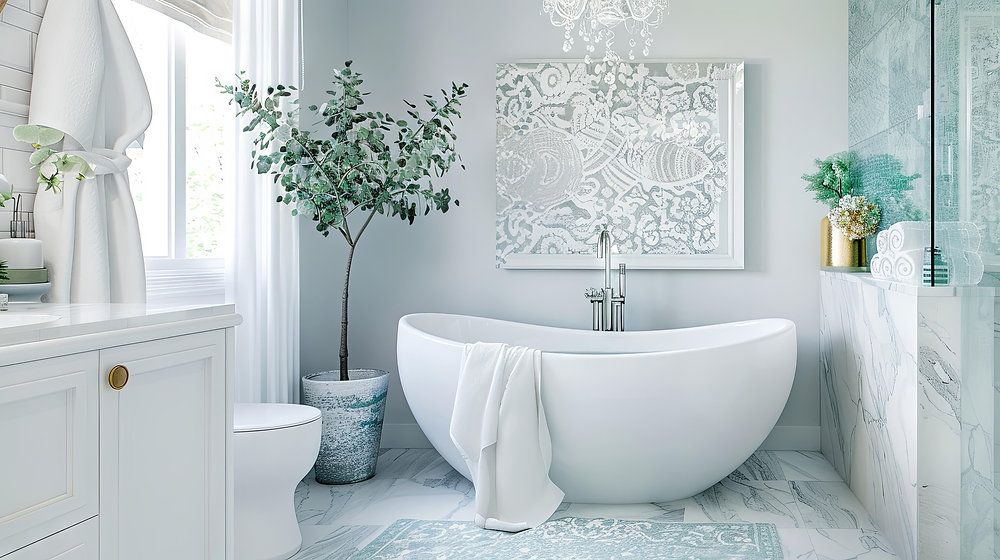 Bright white bathroom with a freestanding tub, ornate wall art, and potted plants