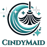 CindyMaid logo with a teal crescent, black broom, and sparkles on a white background