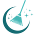Teal cleaning logo with broom and sparkles inside a crescent shape