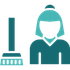 Teal icon of a woman beside a broom, suggesting cleaning or housekeeping