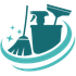 Teal cleaning logo with broom, spray bottle, and sparkling stars