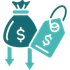Teal money bag and hanging price tag with dollar signs, suggesting discounts or savings