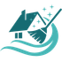 Teal house with broom, sparkles, and flowing waves, suggesting eco-friendly cleaning services