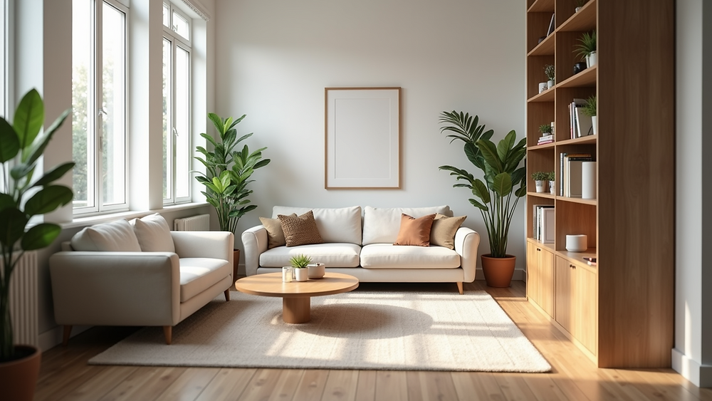 Bright minimalist living room with white sofas, wood shelving, plants, and sunlight on a rug.