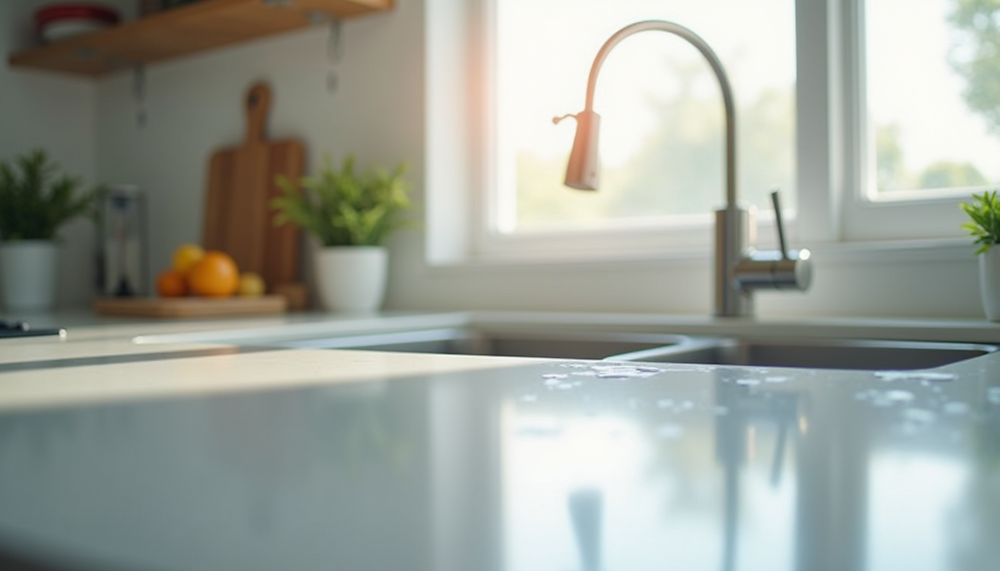Sunlit kitchen sink and countertop with faucet, window, and small potted plants