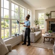 Woman vacuuming a living room with a black hose vacuum cleaner