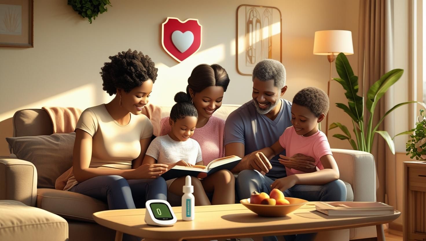 Uma família está sentada no sofá lendo um livro junta.