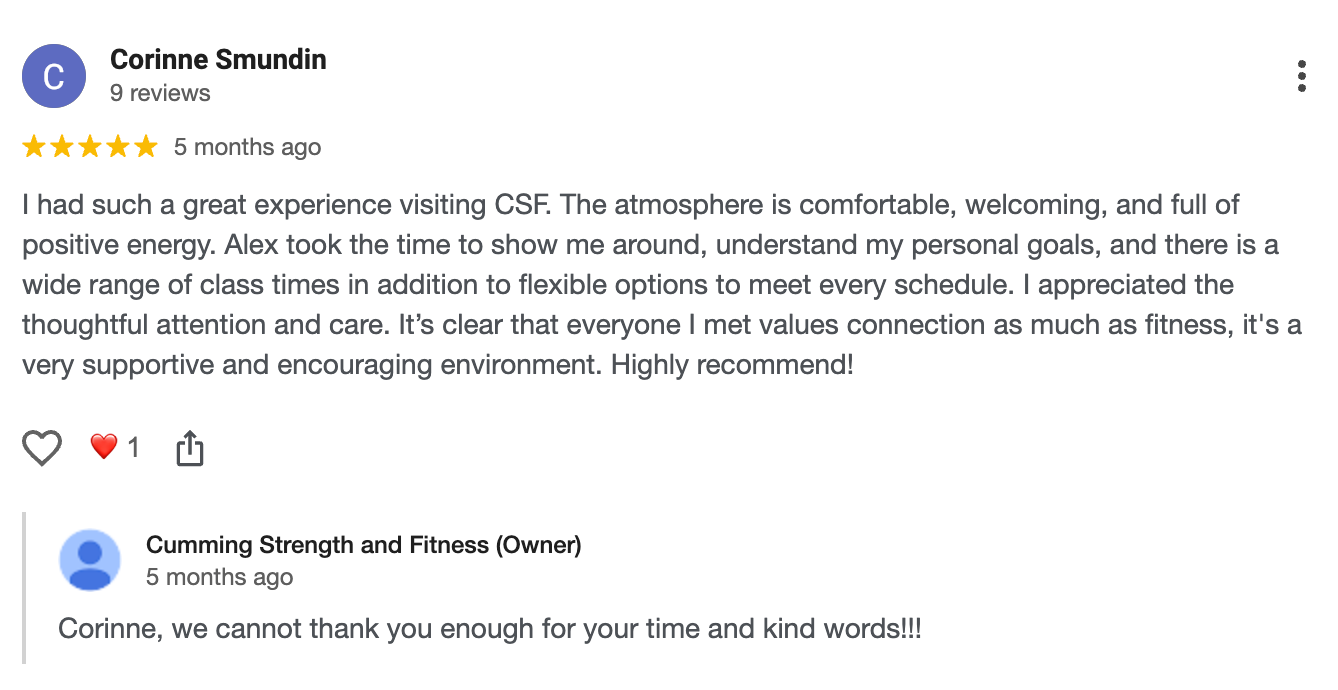 Screenshot of a glowing customer review praising caring service, with a reply thanking them.