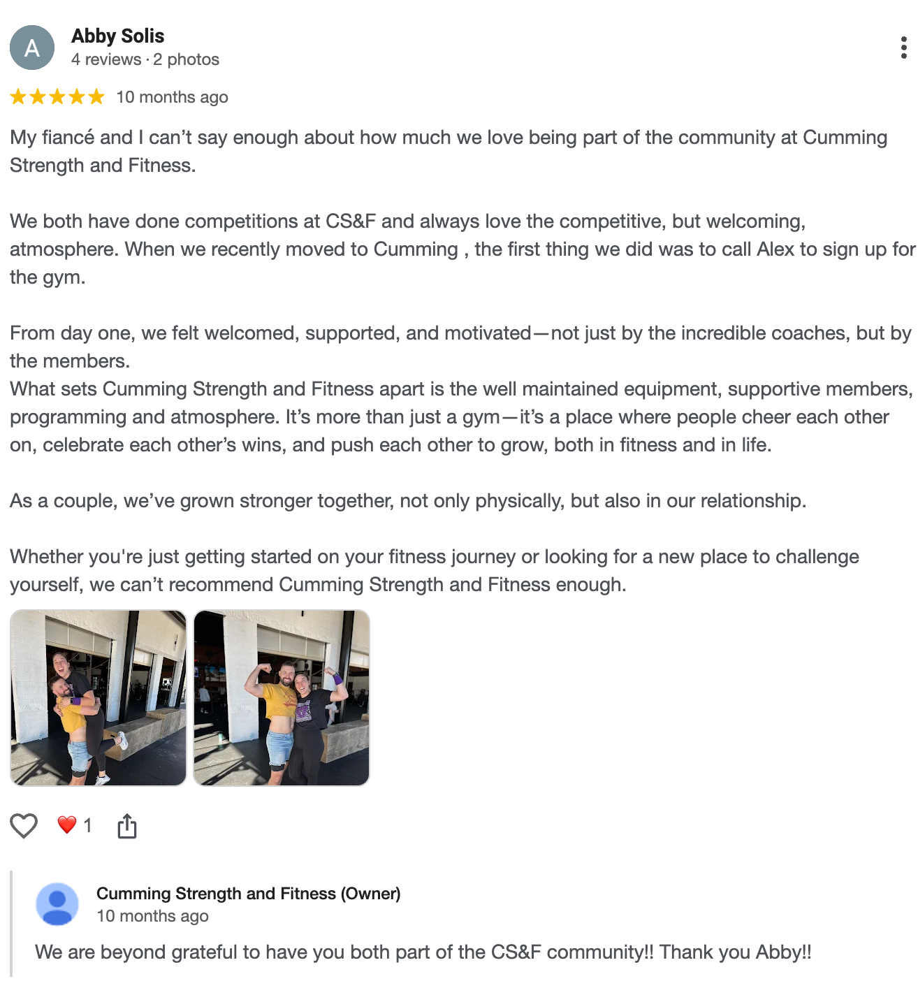Social media post praising a community event, with two small photos of people in a room.