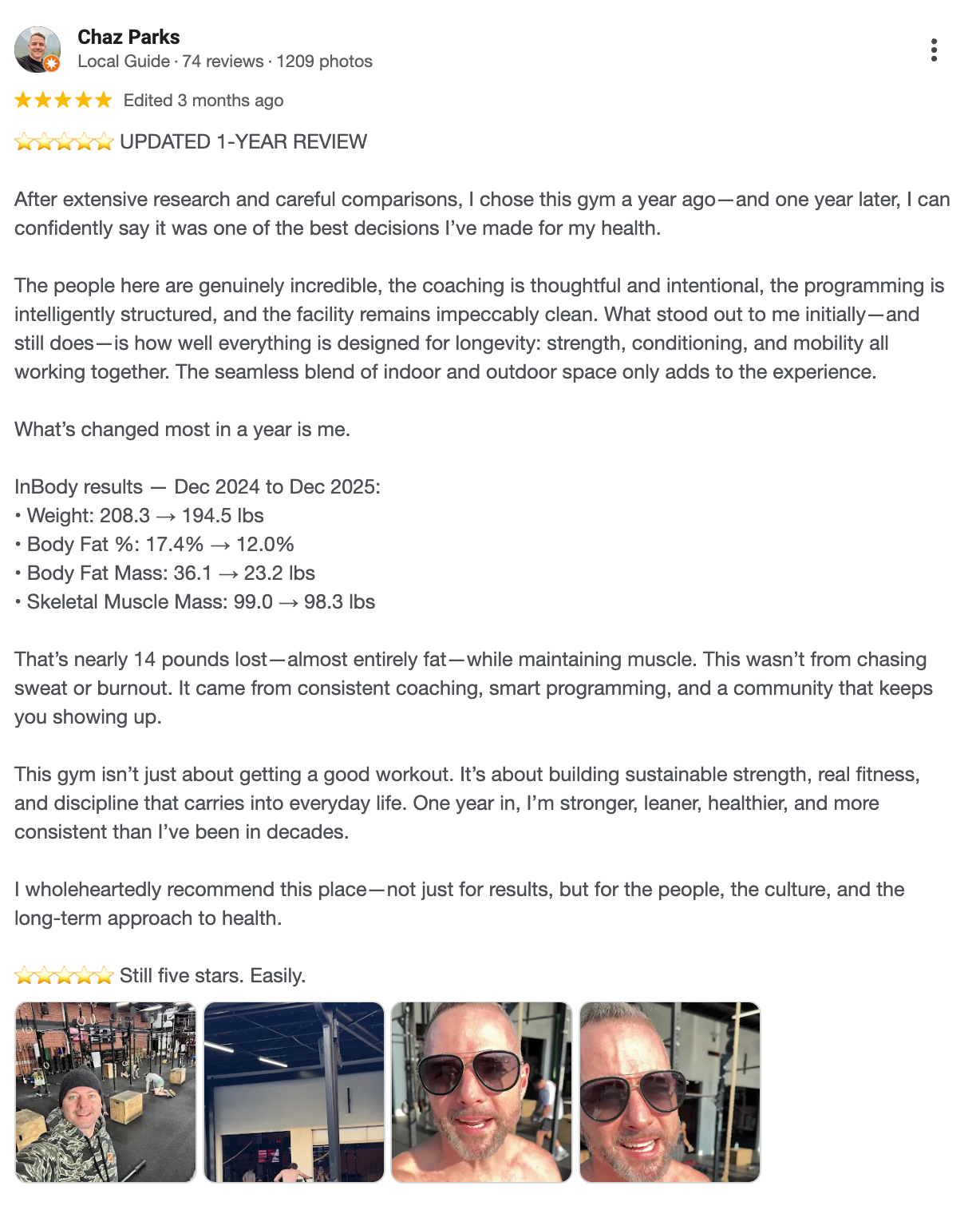 Facebook post screenshot with text and three small photos of a smiling person outdoors and in a car