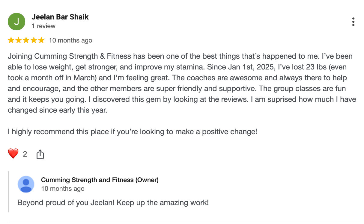Blurred Facebook-style post with a long text review and a reply underneath; thumbs-up and heart reactions visible