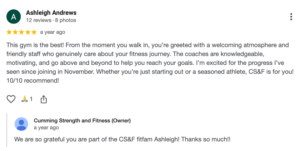 Review slide with 5-star review text from Ashley Andrews and a reply from Taryn Stronghold in Dream Cliner.