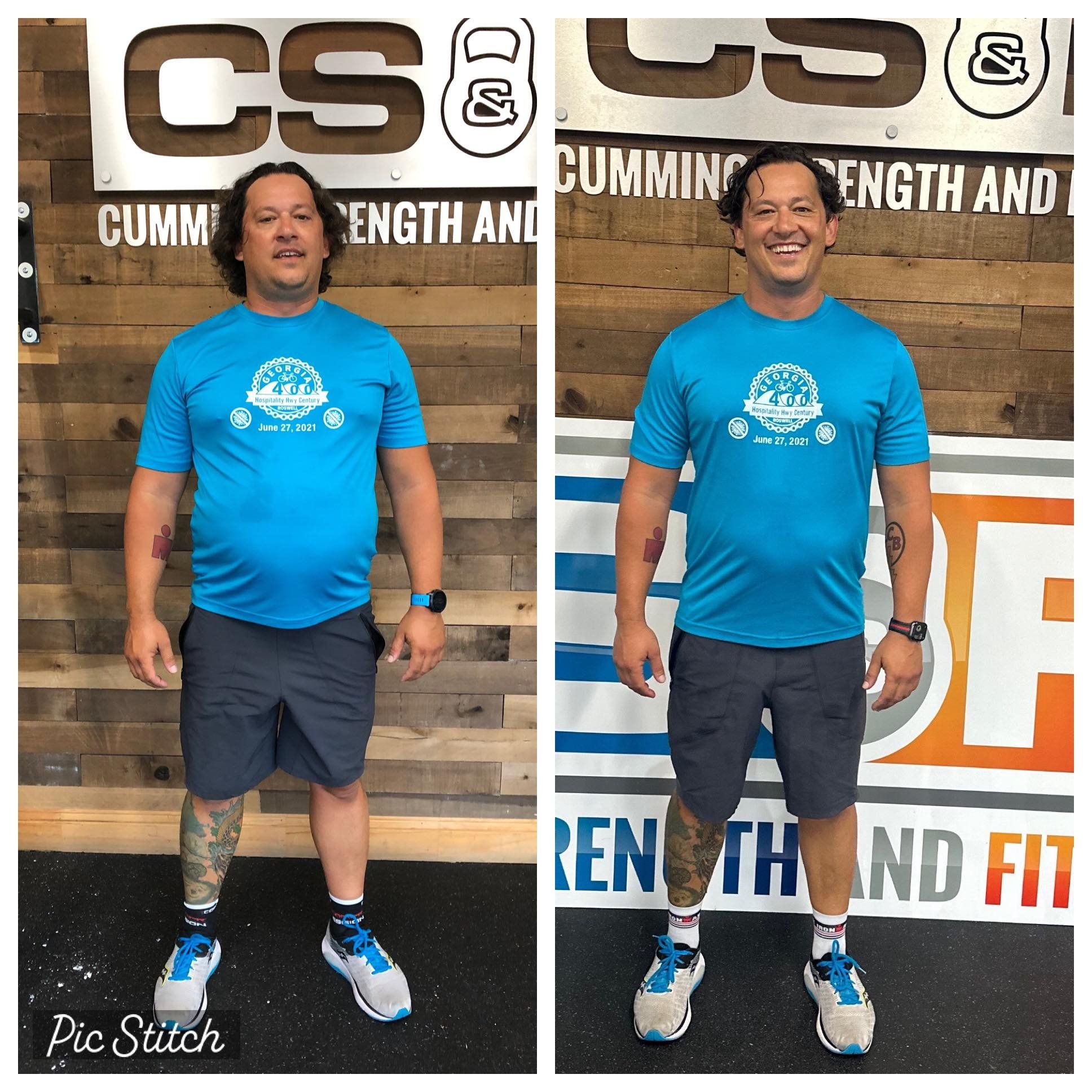 Man standing and smiling in a blue T-shirt and shorts in a gym-style before-and-after photo.