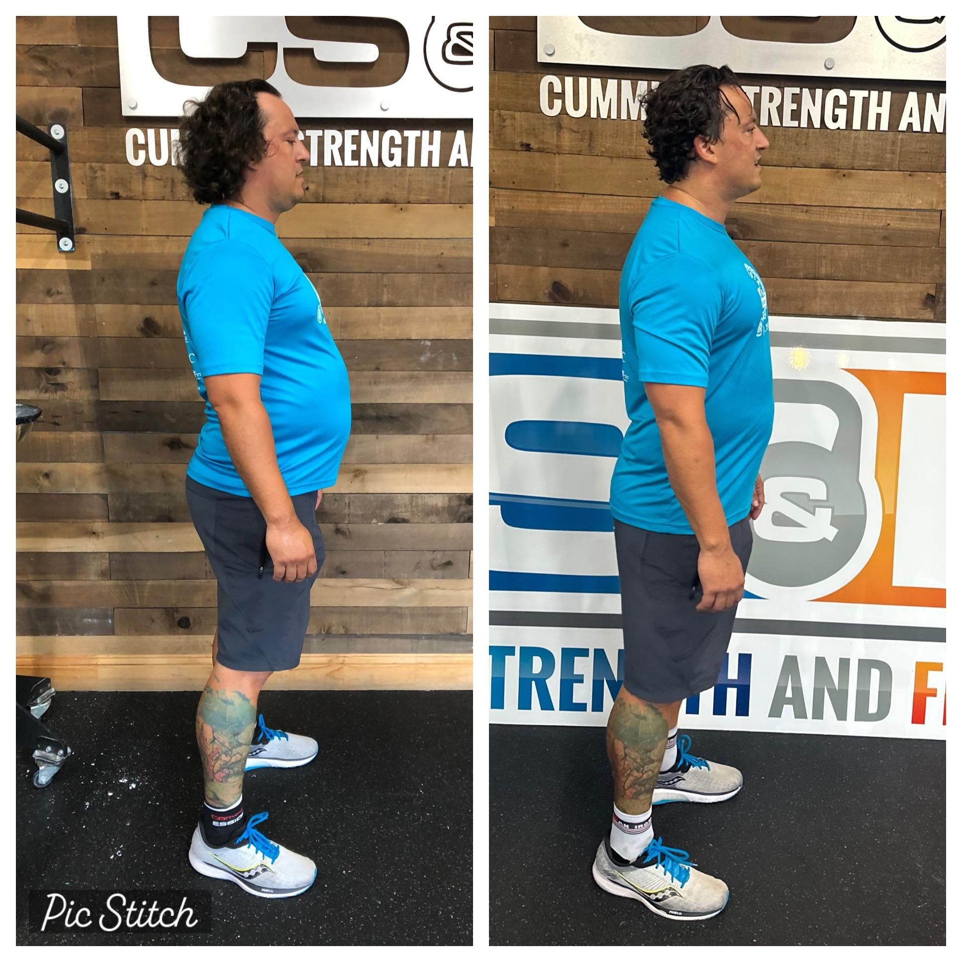 Side-by-side profile photos of a person in a blue shirt, standing straight in a gym setting.