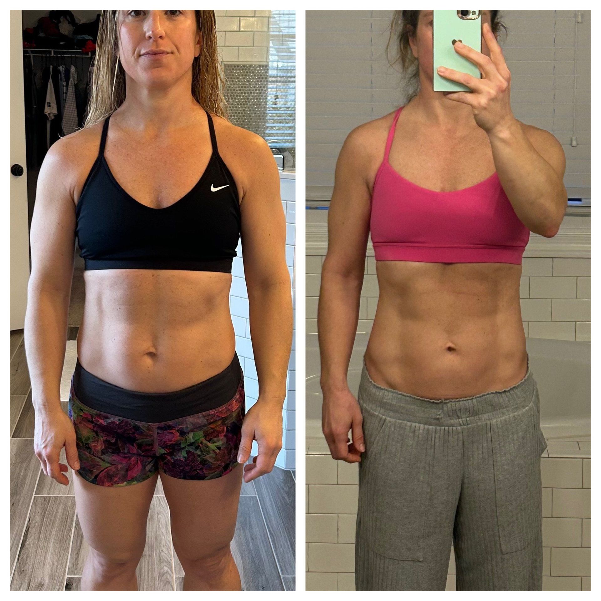 Side-by-side fitness progress photos of a person in workout clothes, before and after body transformation.