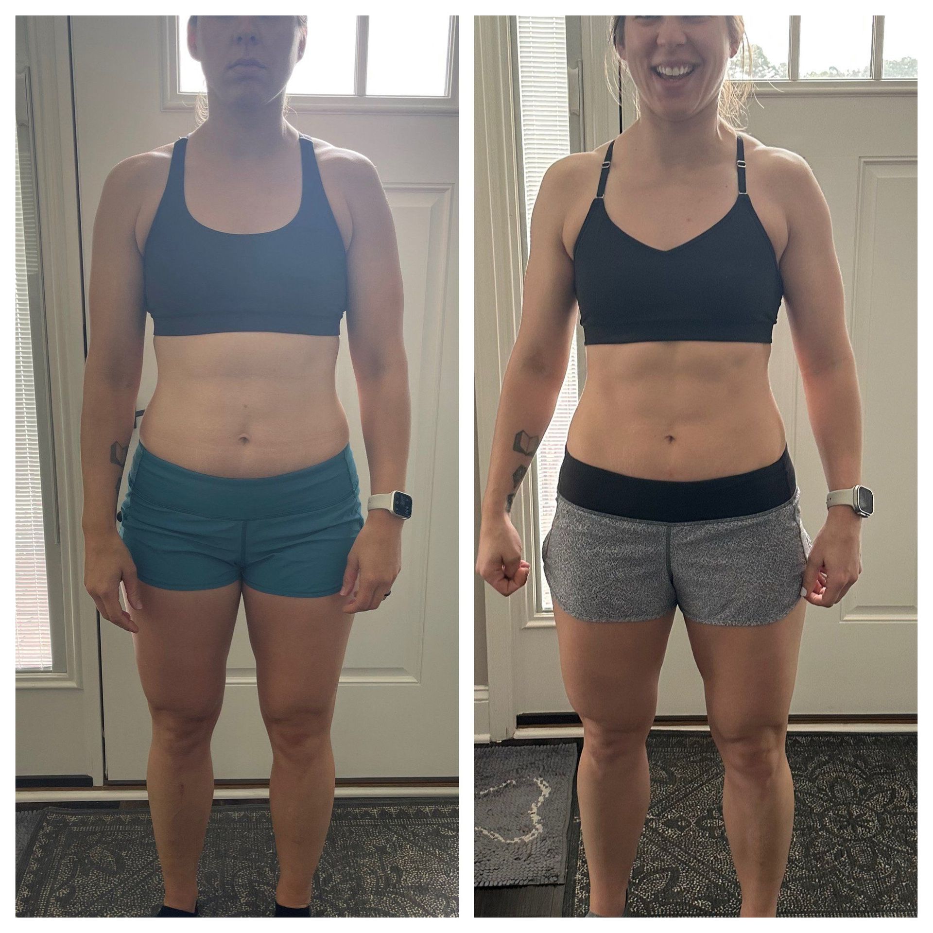 Side-by-side full-body fitness progress photos of a person in a sports bra and shorts indoors.