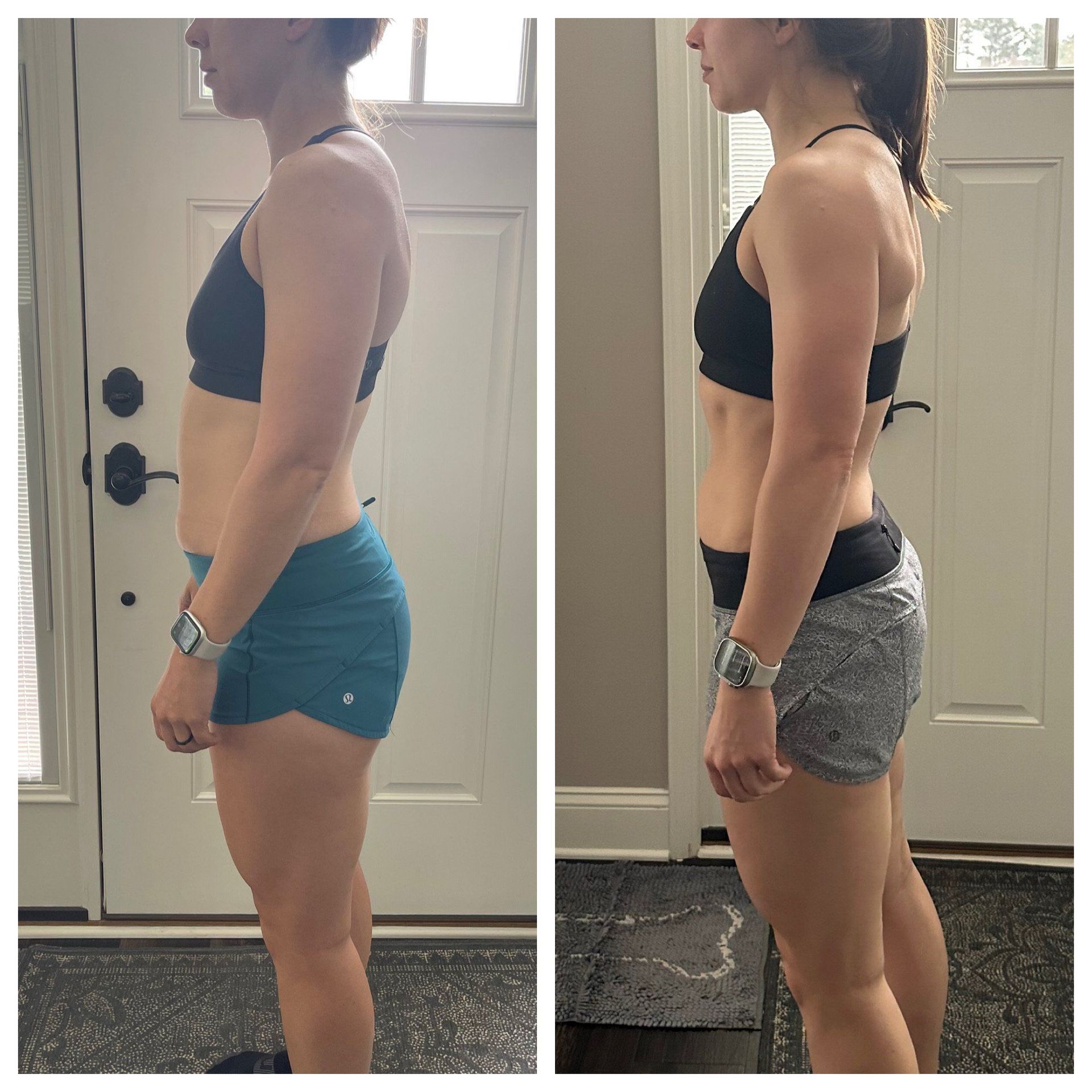 Side-by-side profile photos of a person in workout clothes, showing before and after body transformation.