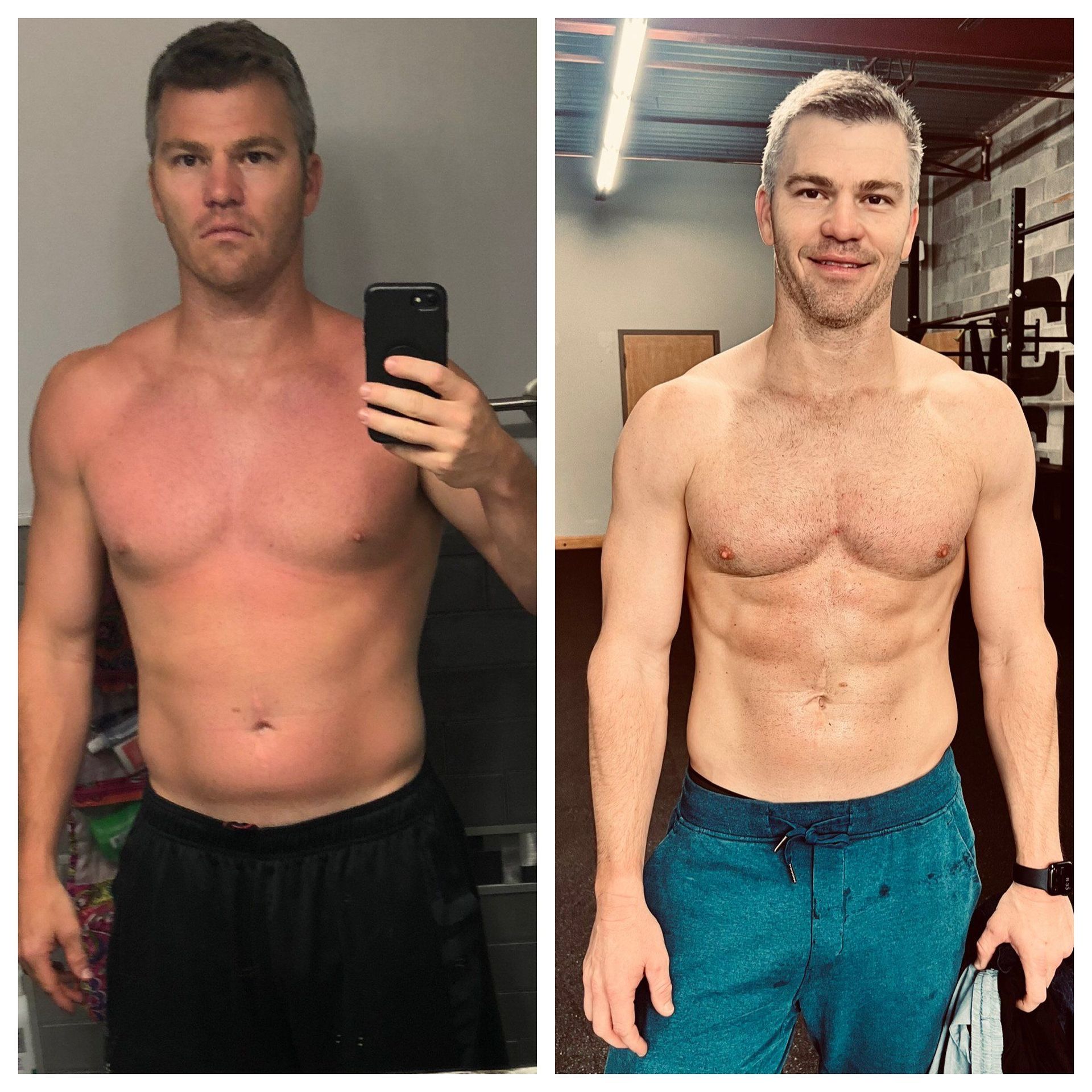 Before-and-after mirror selfies of a shirtless man showing a leaner, more muscular physique.