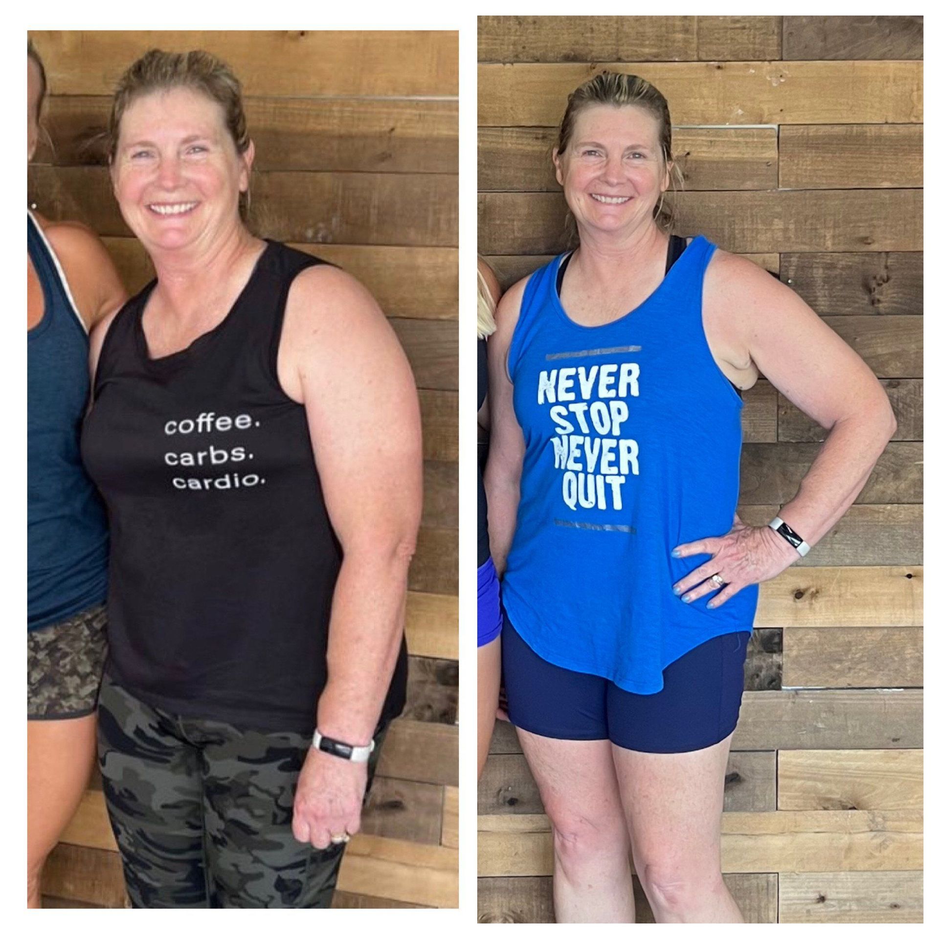 Side-by-side woman in workout clothes: black tank “coffee. carbs. cardio.” and blue “NEVER STOP NEVER QUIT.”