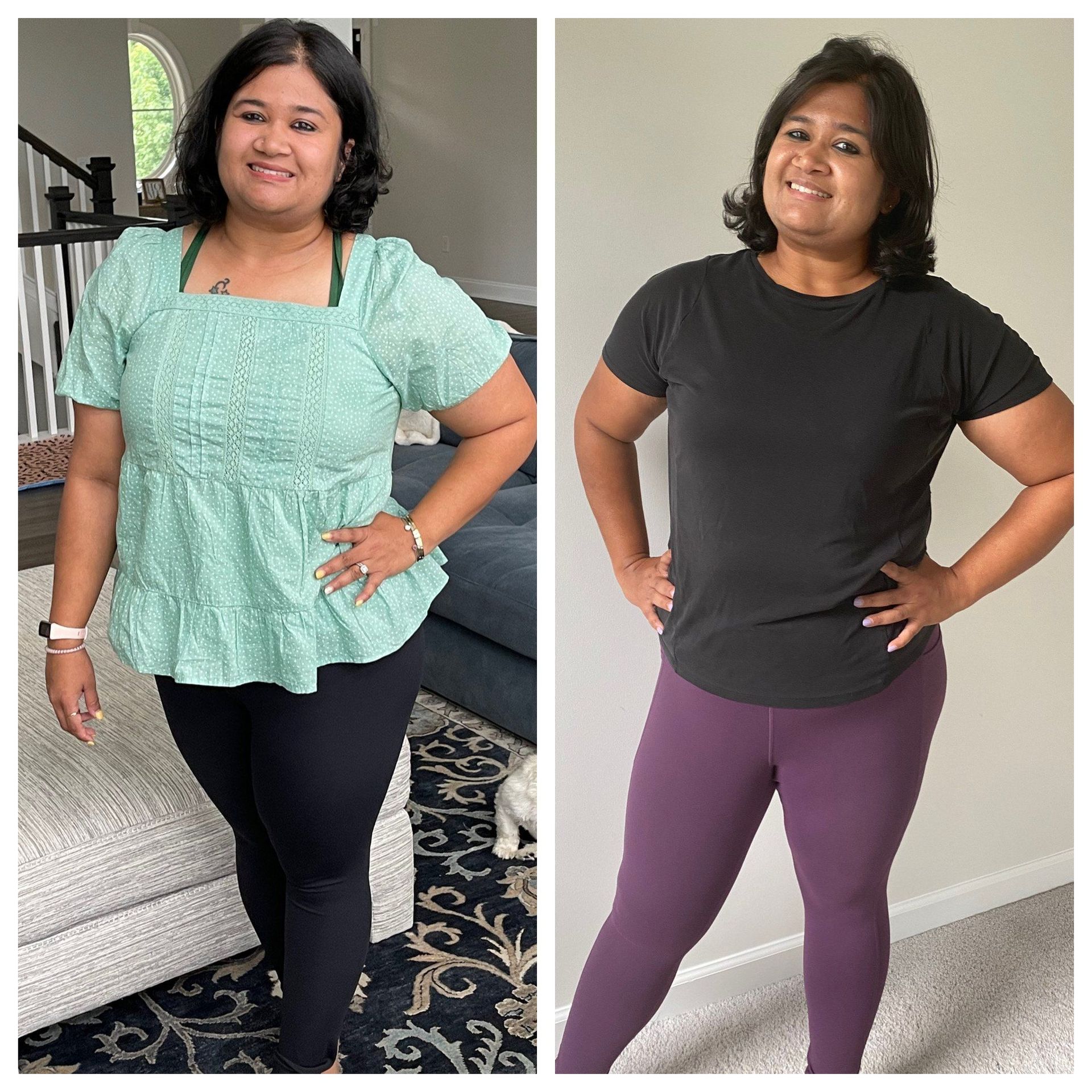 Side-by-side full-body photos of a person posing indoors in different outfits and colors.
