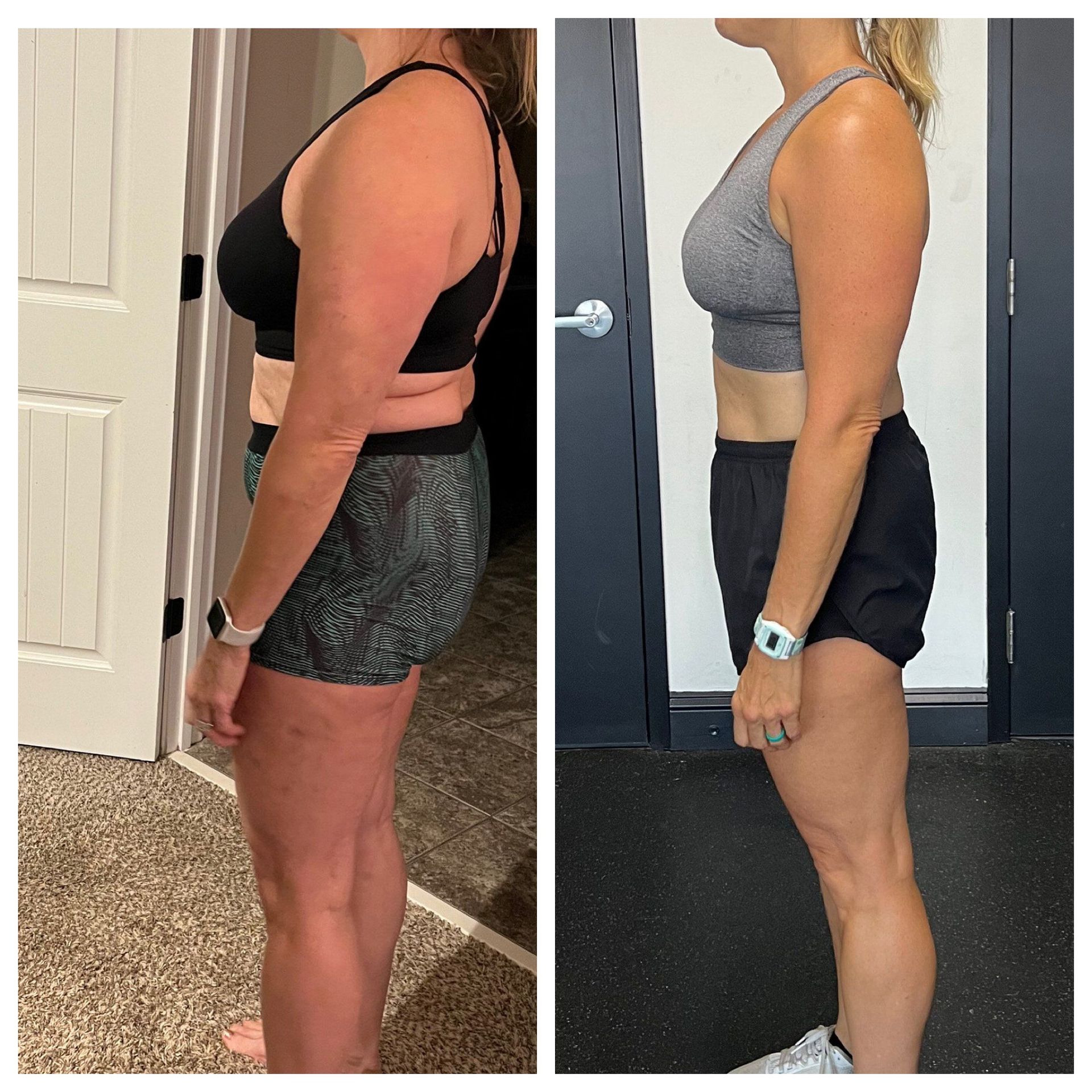 Side-by-side profile photos of a person before and after fitness progress, wearing workout clothes.