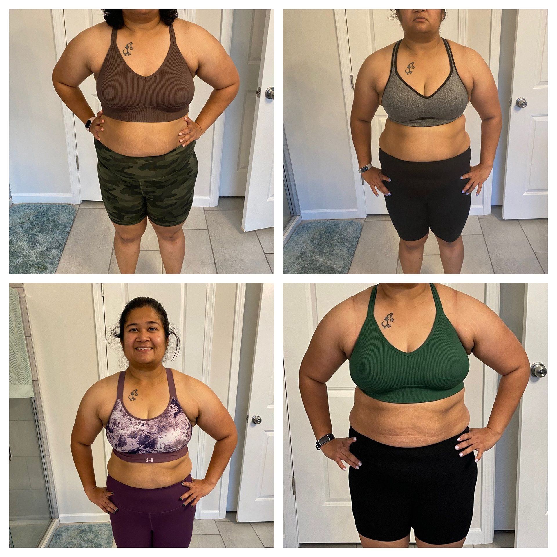 Four-side-by-side progress photos of a person in workout bras and shorts, standing with hands on hips.
