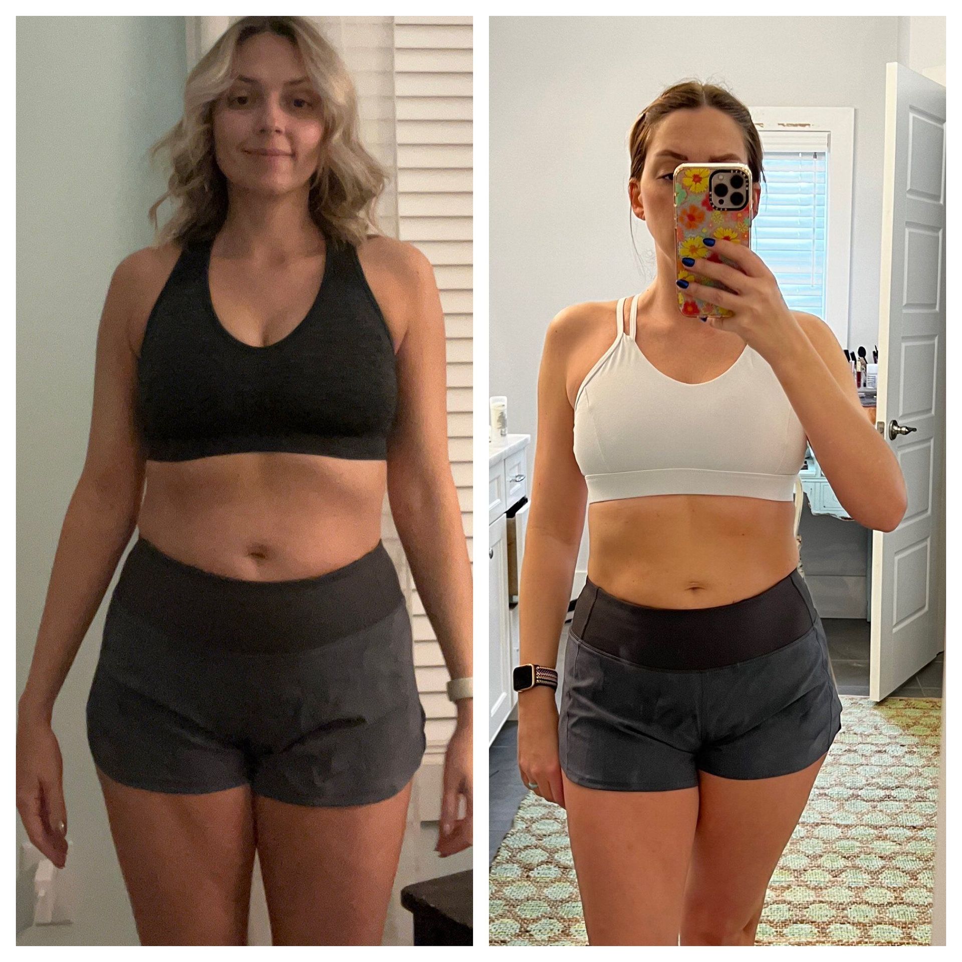 Side-by-side mirror selfies of a person in black sports bra and gray shorts, showing a before-and-after physique change