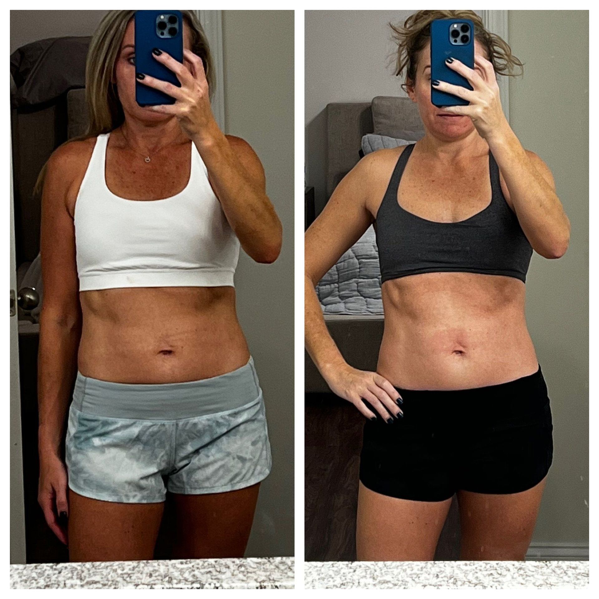 Side-by-side mirror selfies of a person in workout clothes, showing a before-and-after body transformation.