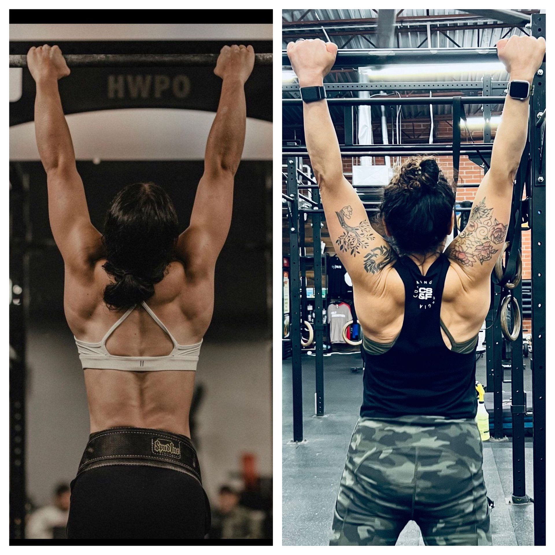 Woman doing a pull-up in a gym, shown before and after with back muscles more defined.