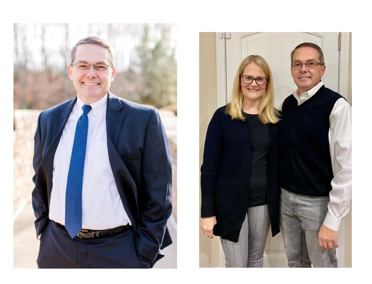 Two side-by-side photos: a man in a blue suit outdoors and a smiling couple standing indoors.