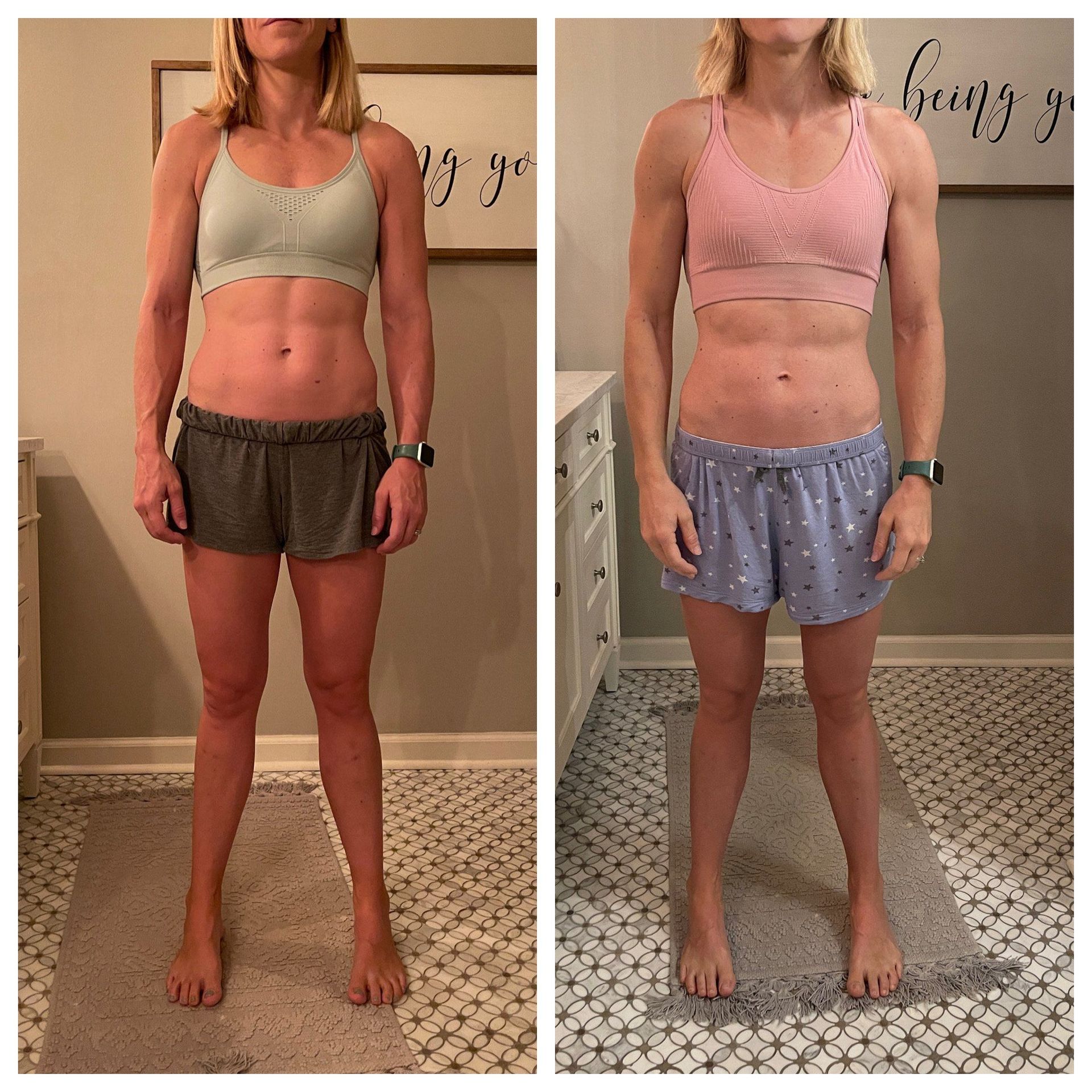 Side-by-side mirror selfies showing a person in two different sports bras and shorts outfits.