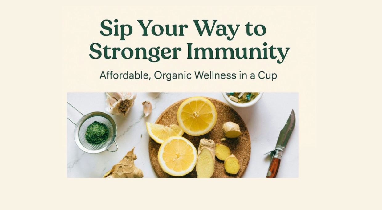 Text: Sip Your Way to Stronger Immunity.Ingredients like lemons, ginger, and garlic on a cutting board.