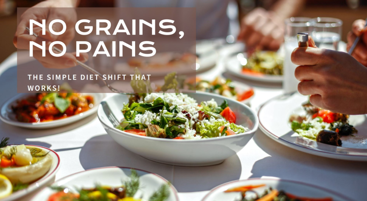 People at a table eating, with a white plate of salad in the center. Text: