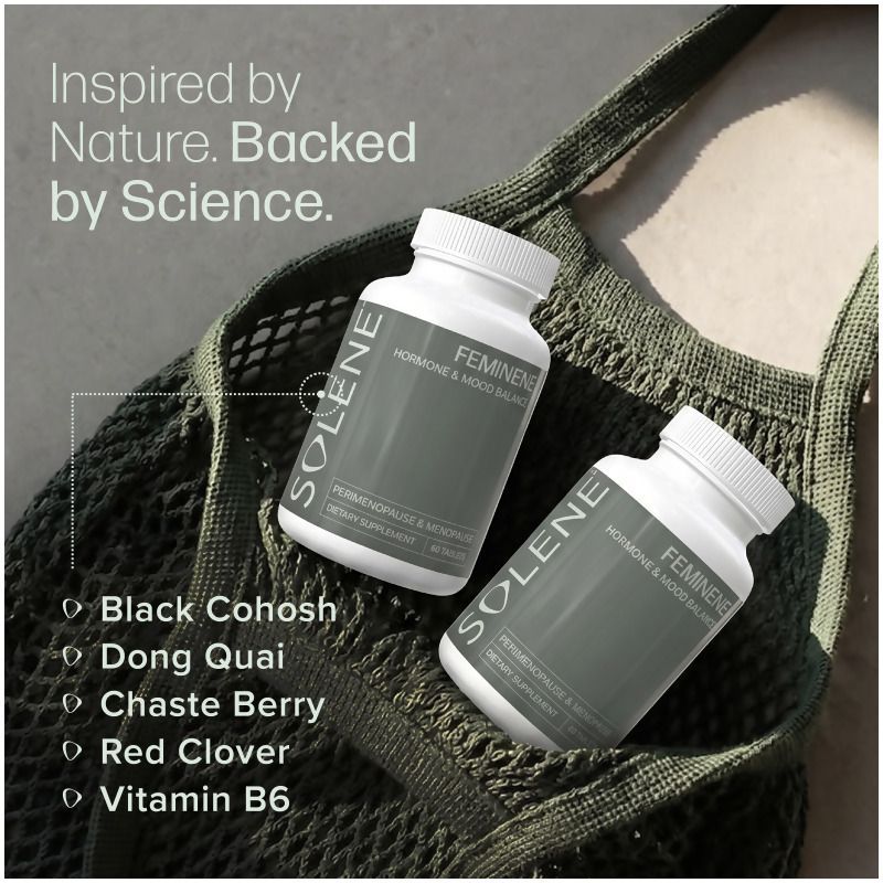 Solene Feminene key ingredients including botanical extracts and vitamins for women's hormone and mood support