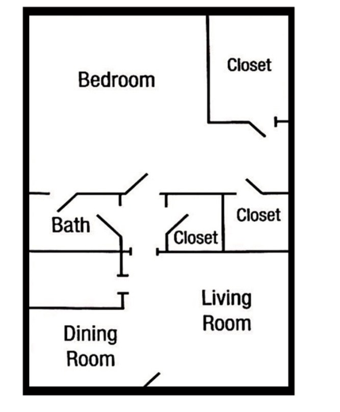 Floor plan of a one-bedroom apartment, featuring a bedroom, bathroom, dining and living room, and closets.