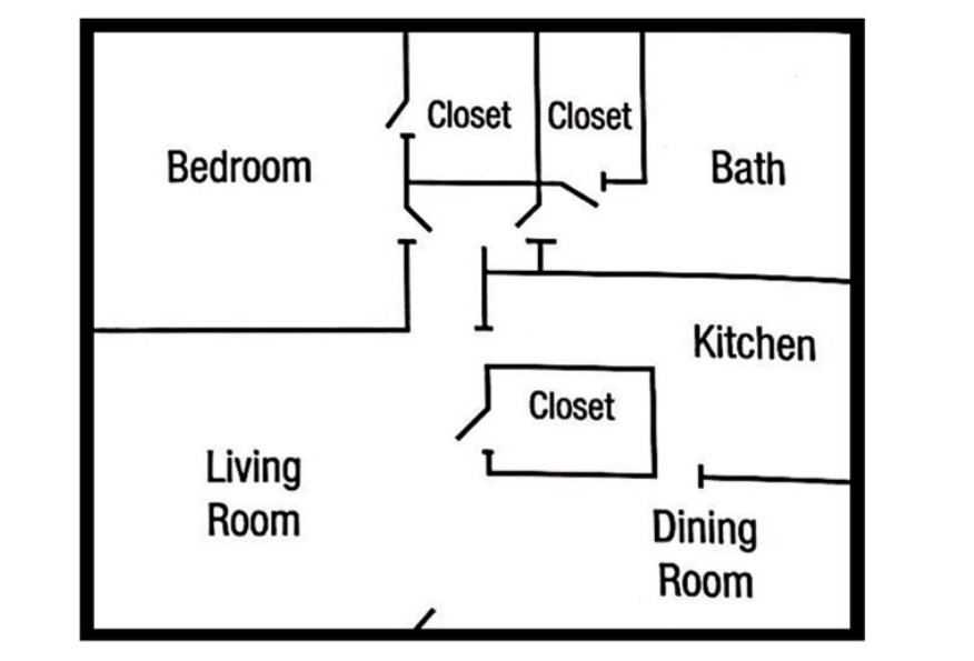 Floor plan of an apartment with a bedroom, living room, kitchen, dining room, and bathroom.