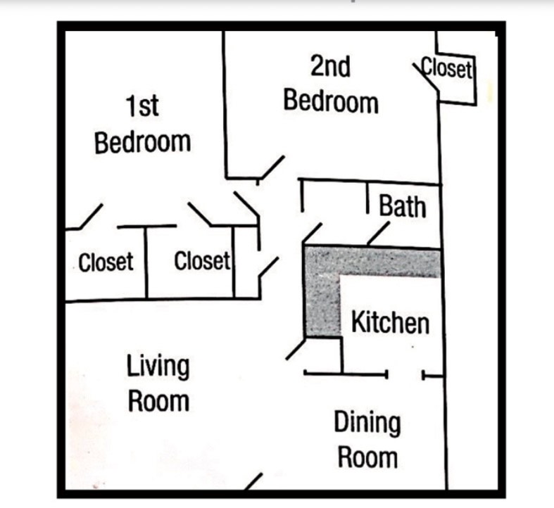 Floor plan showing rooms: 1st and 2nd bedrooms, living, dining, kitchen and bath, with closets.
