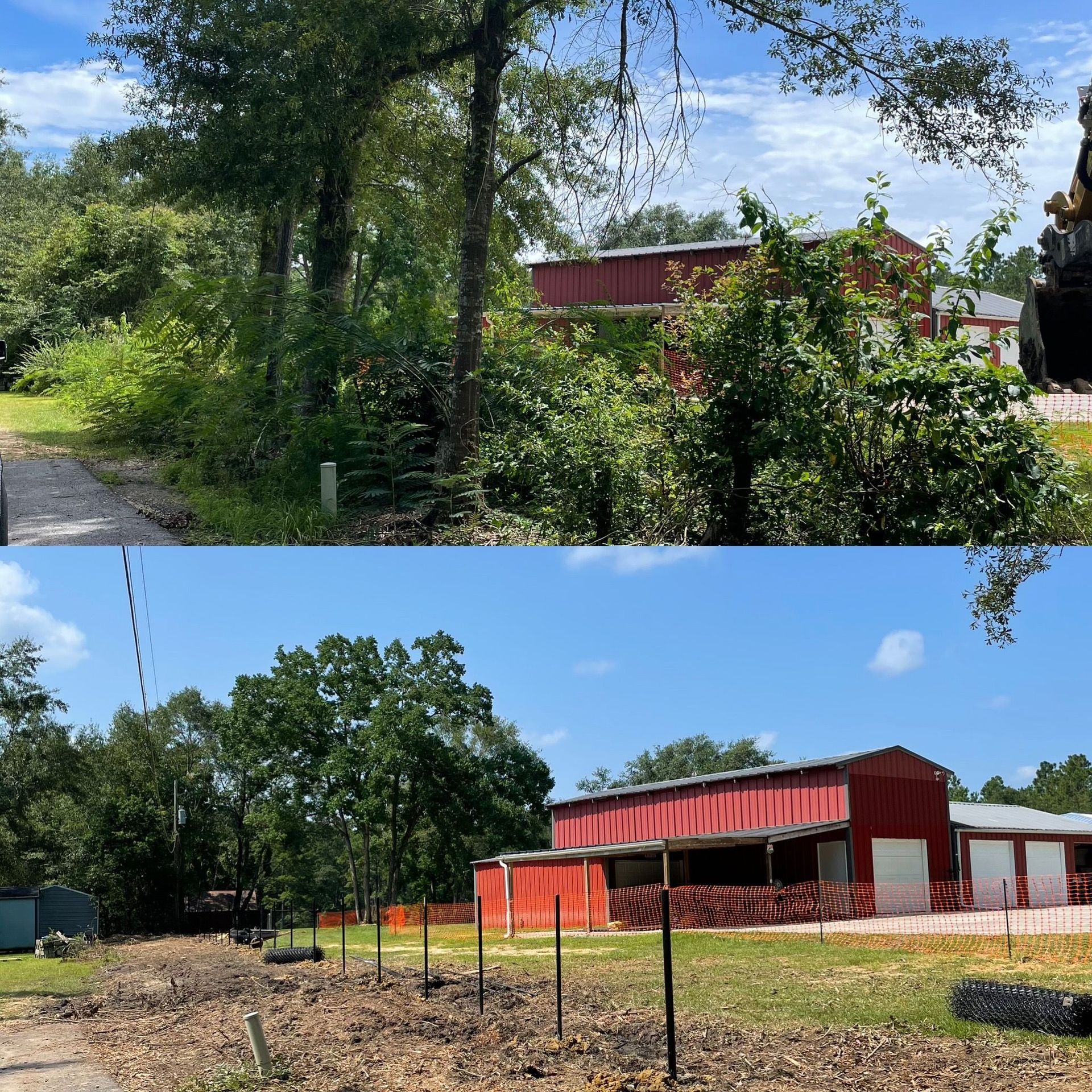 Before and after photos of land clearing: overgrown vegetation removed near a red barn under a blue sky.