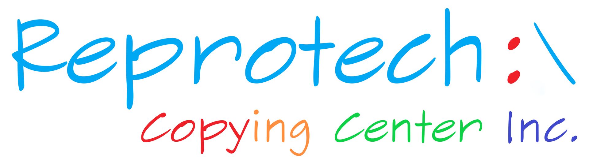 Logo for Reprotech Copying Center Inc.: blue, teal, red, orange, green and purple script.