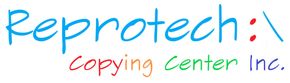 Logo for Reprotech Copying Center Inc.: blue, teal, red, orange, green and purple script.