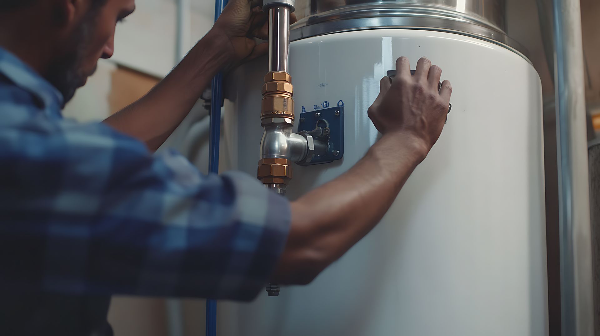 Skilled plumber repairing a residential water heater unit. Skilled plumber repairing a residential water heater unit.