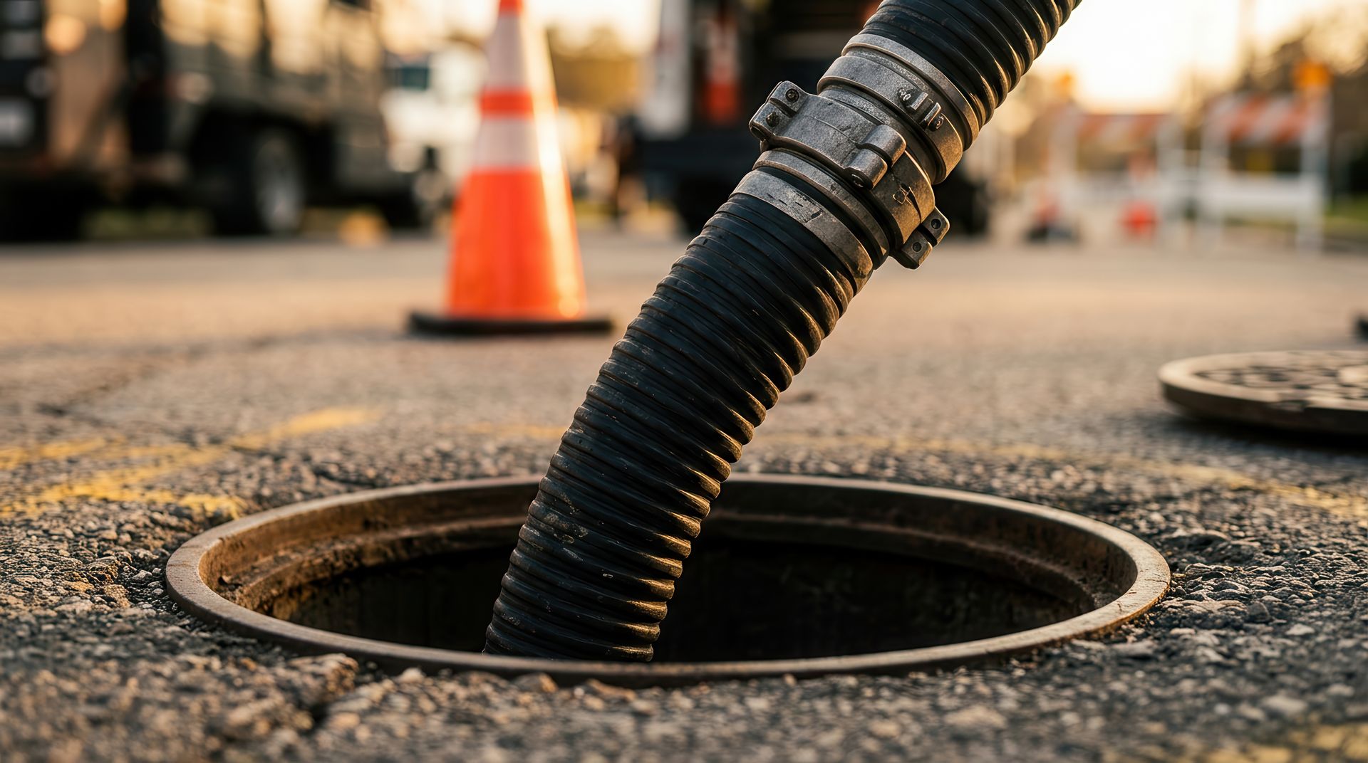 Hydro jetting hose lowered into an open sewer access point for sewer cleaning. Hydro jetting hose lowered into an open sewer access point for sewer cleaning.