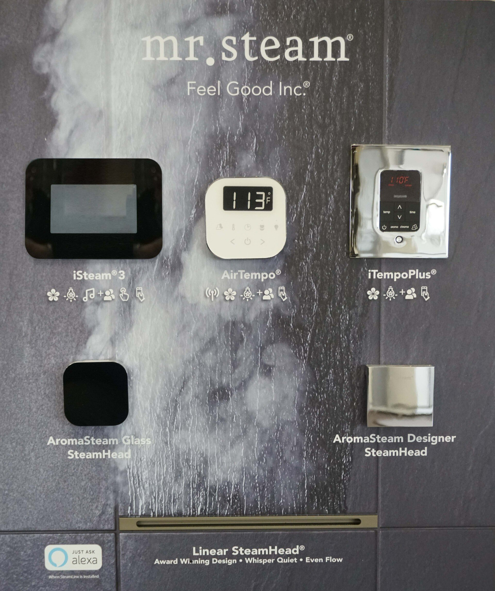 A display of mr. steam products including a thermostat