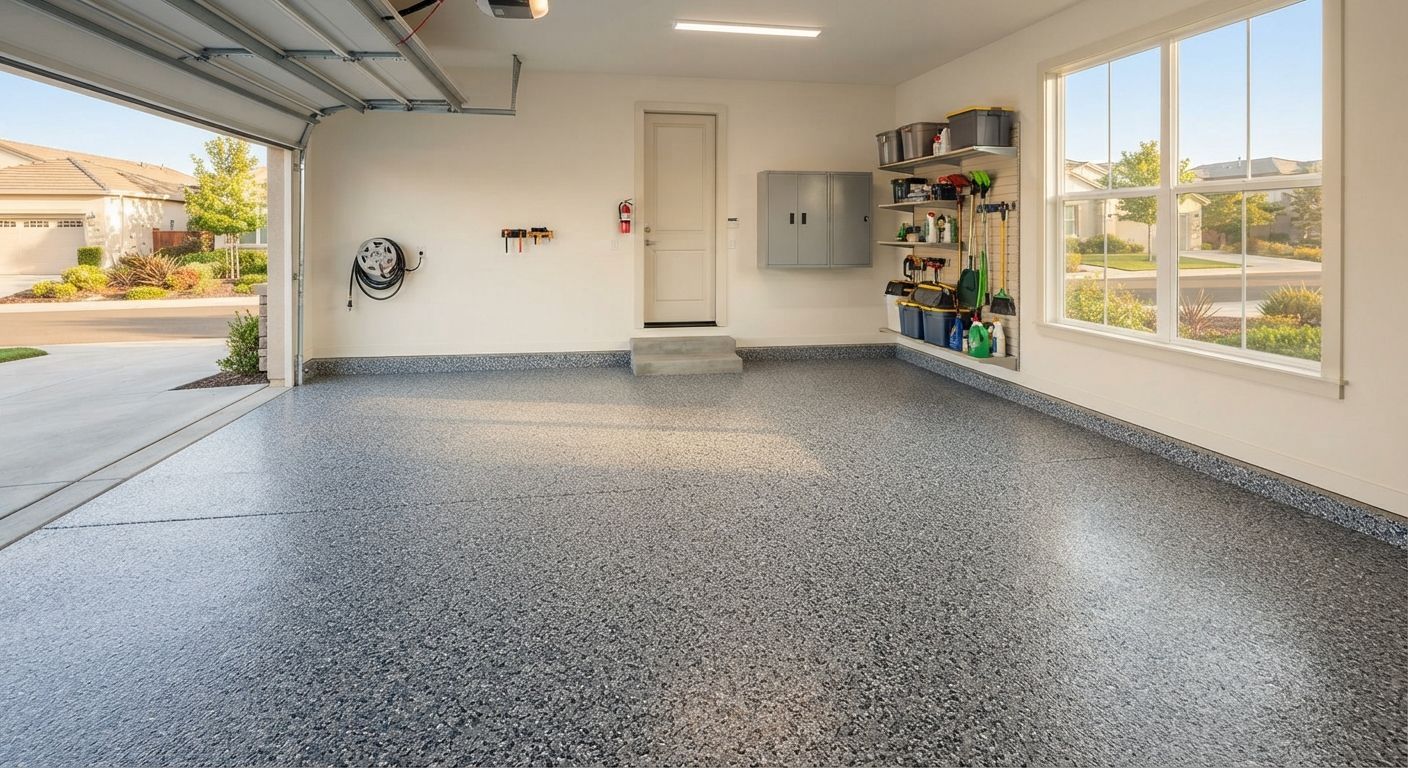 Professionally finished decorative floor coating in a Rancho Cordova residential garage