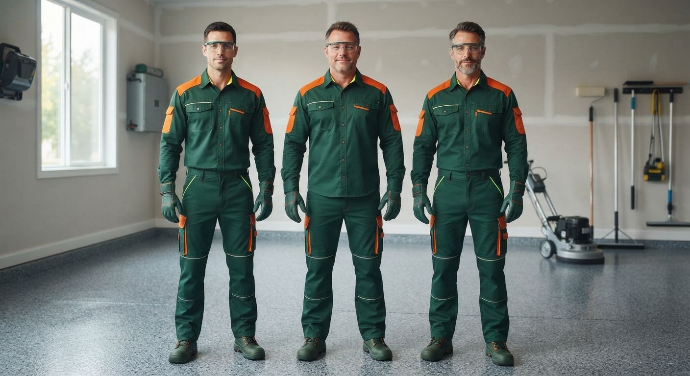 Three experienced Rancho Cordova epoxy flooring technicians standing together
