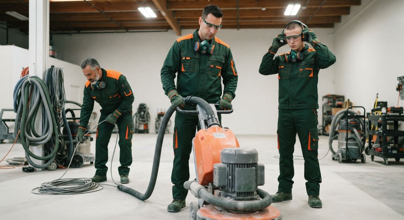 Rancho Cordova flooring technicians checking safety equipment before concrete preparation